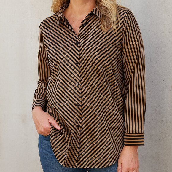 Chico’s Tan Brown Black Stripe Stretch Button Shirt 12 – No Iron Career Top - Picture 1 of 6